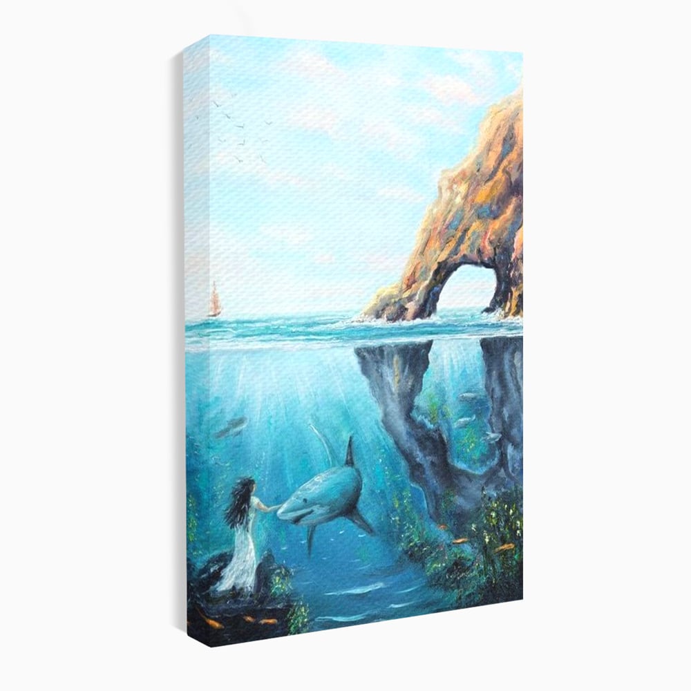 Tablou canvas cu pictura cu femeie si rechin sub apa, fara rama, pe sasiu de lemn